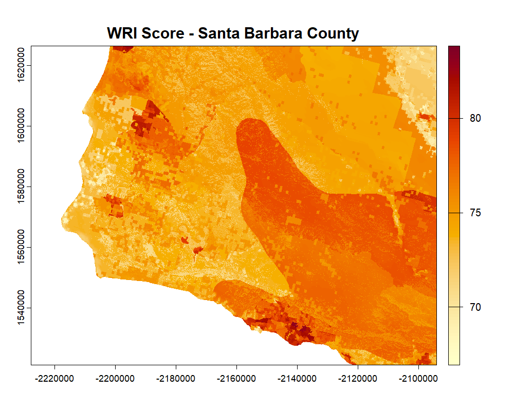 Figure 4. WRI score for a bounding box over Santa Barbara County, CA, returned by get_layer(). Darker red values indicate higher WRI score values.