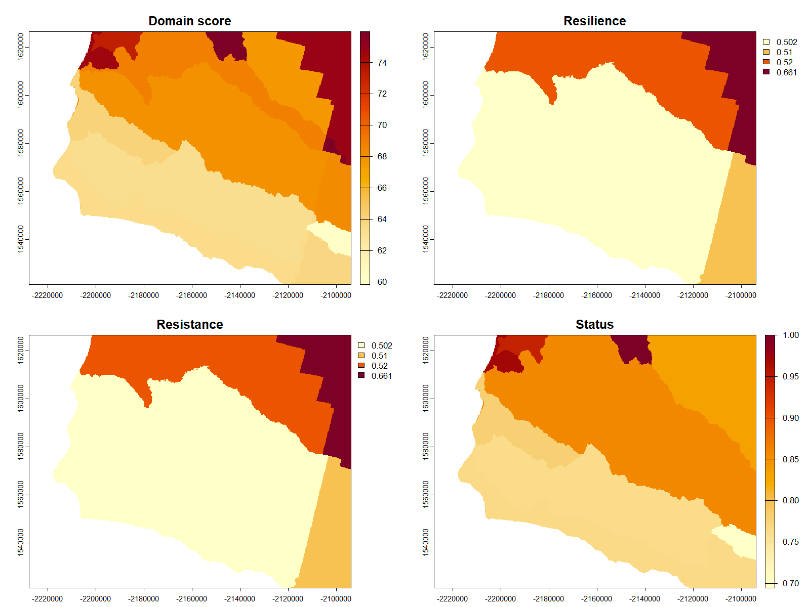 Figure 6. Four aggregate water-domain layers retrieved for Santa Barbara County, CA using the same bounding box and iterated with lapply(). Each panel is a SpatRaster in EPSG:5070; colour scales differ by layer.
